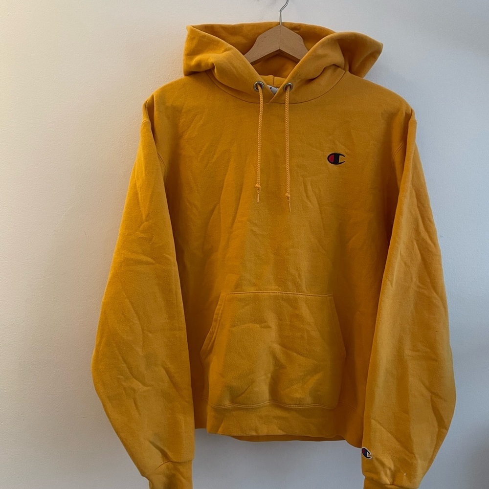 Champion Reverse Weave Repeat Logo Skater Indie Streetwear Hoodie Mustard Yellow